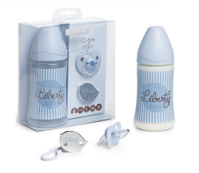 Suavinex biberon da 270 ml con tettarella anatomica m1 + succhietto anatomico in silicone da 0 a 6 mesi + clip gioello azzurro