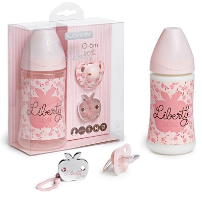 Suavinex biberon da 270 ml con tettarella anatomica m1 + succhietto anatomico in silicone da 0 a 6 mesi + clip gioiello rosa
