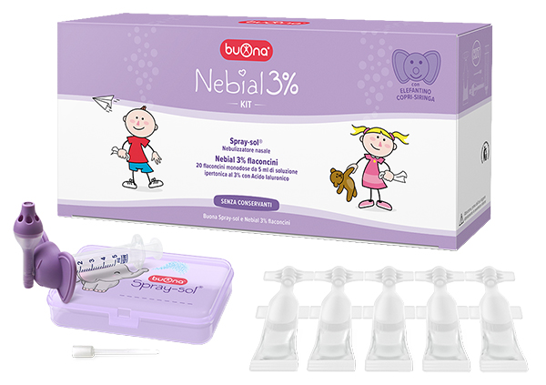 Nebial 3% kit 20 flaconcini monodose 5ml soluzione ipertonica con acido ialuronico + nebulizzatore spray-sol