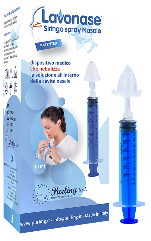Lavonase siringa spray nasale non sterile 10 ml luer-lock con cappuccio + ugello nasale con raccordo luer-lock + perforatore con valvola non ritorno con tappo