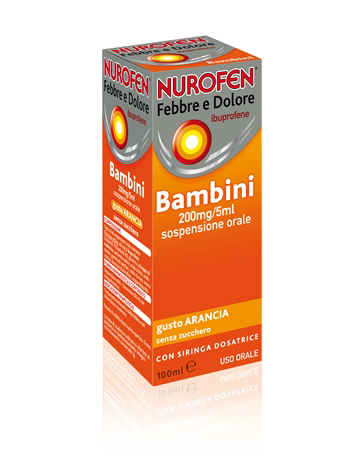 Nurofen febbre e dolore 200 mg/5 ml sospensione orale gusto arancia senza zucchero flacone da 100 ml con siringa dosatrice