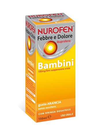 Nurofen febbre e dolore bambini 100 mg/5 ml sospensione orale gusto arancia senza zucchero flacone da 150 ml con siringa dosatrice