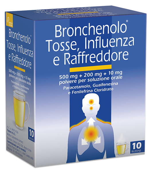 Bronchenolo tosse, influenza e raffreddore 500 mg + 200 mg + 10 mg polvere per soluzione orale 10 bustine in in/alu/ldpe/carta