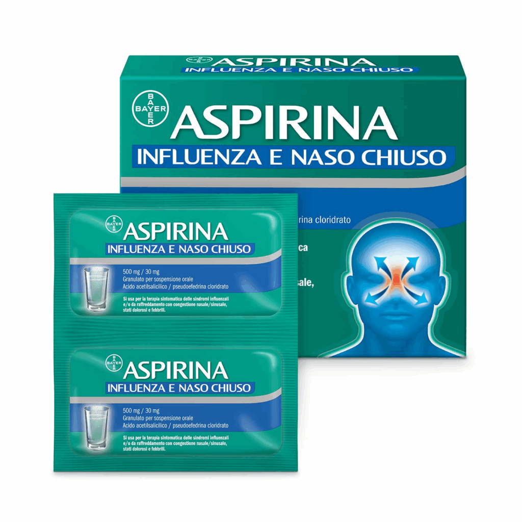 Aspirina influenza e naso chiuso 500 mg/30 mg granulato per soluzione orale 10 bustine in pap/al/pe