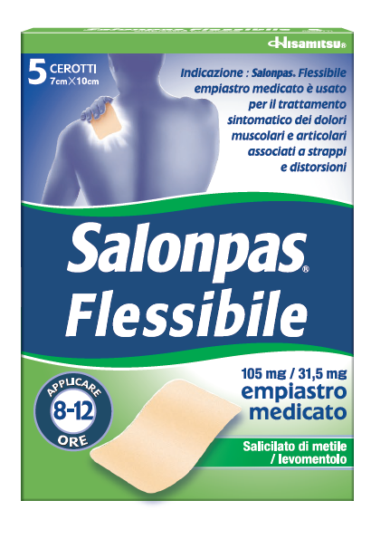 Salonpas flessibile 105 mg/31,5 mg empiastro medicato 5 empiastri in bustina cellopane/pe/al/pe