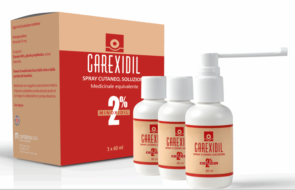 Carexidil 2% spray cutaneo soluzione, 3 flaconi in hdpe da 60 ml con pompa dosatrice