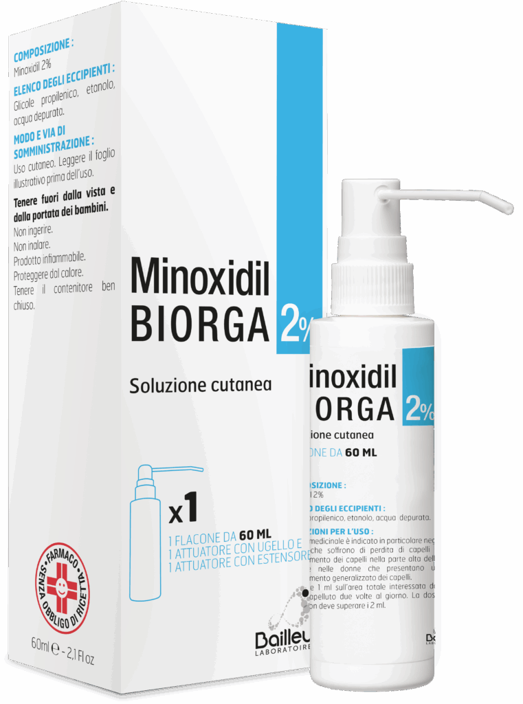 Minoxidil biorga 2% soluzione cutanea 1 flacone hdpe 60 ml con pompa spray e applicatore