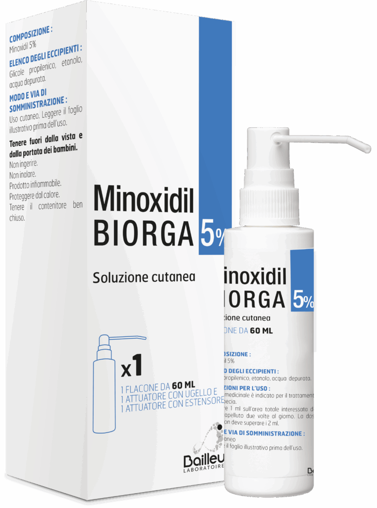 Minoxidil biorga 5% soluzione cutanea 1 flacone hdpe 60 ml con pompa spray e applicatore