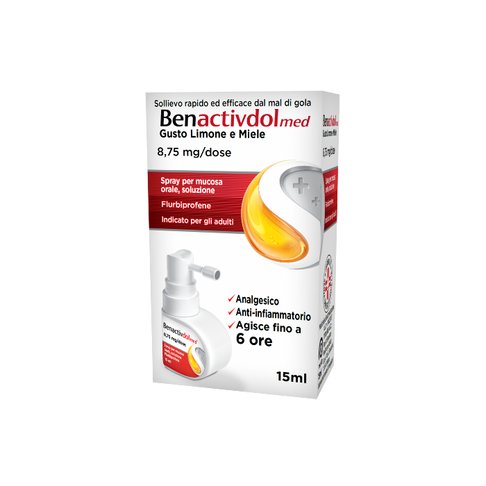 Benactivdolmed 8,75 mg/ml spray per mucosa orale gusto limone e miele 1 flacone in hdpe da 15 ml/83 erogazioni con pompa dosatrice