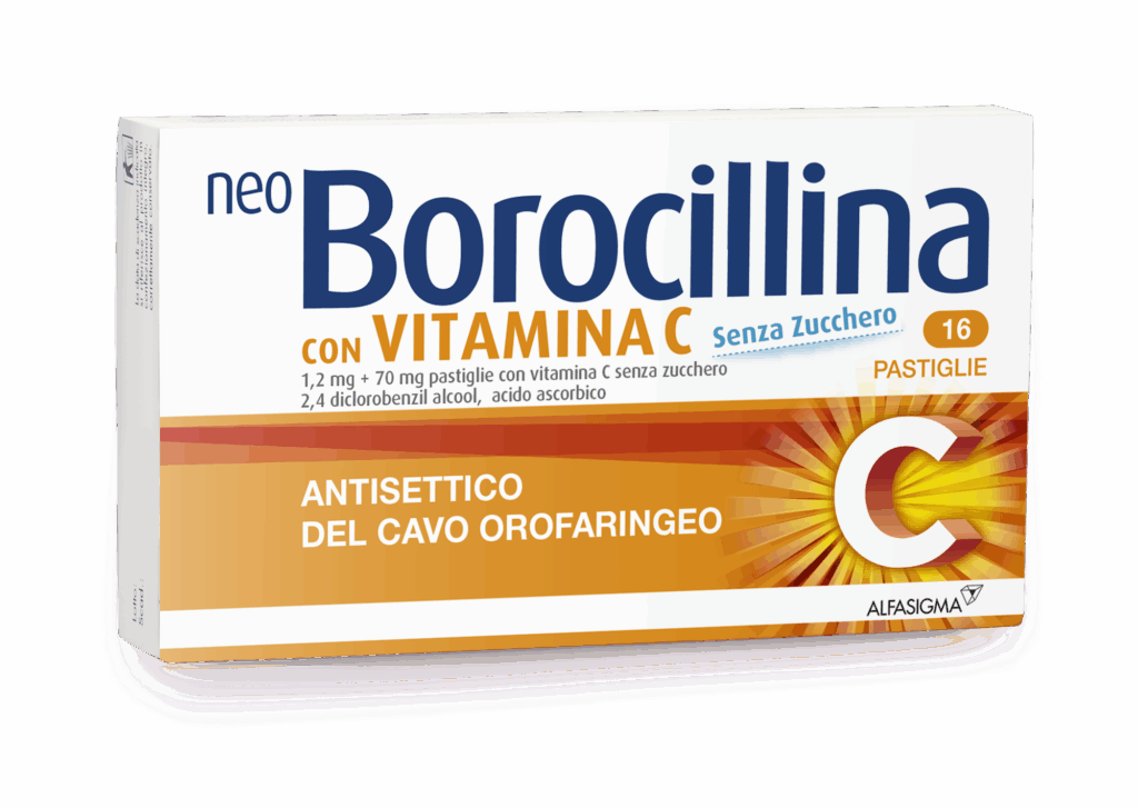 Neo borocillina 1,2 mg + 70 mg pastiglie con vitamina c senza zucchero 16 pastiglie in blister pvc-pe-pvdc/al