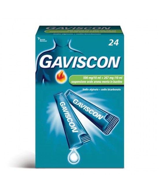 Gaviscon 500 mg/10 ml + 267 mg/10 ml sospensione orale aroma menta - 24 bustine monodose da 10 ml