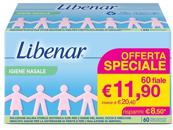 Soluzione salina isotonica 0,9% libenar per igiene nasale 60 flaconcini monouso x 5 ml